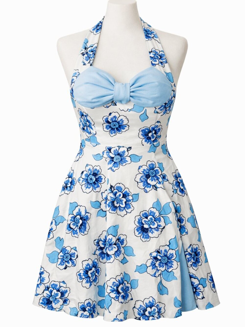 Vintage‑Style Blue Flower Halter Dress